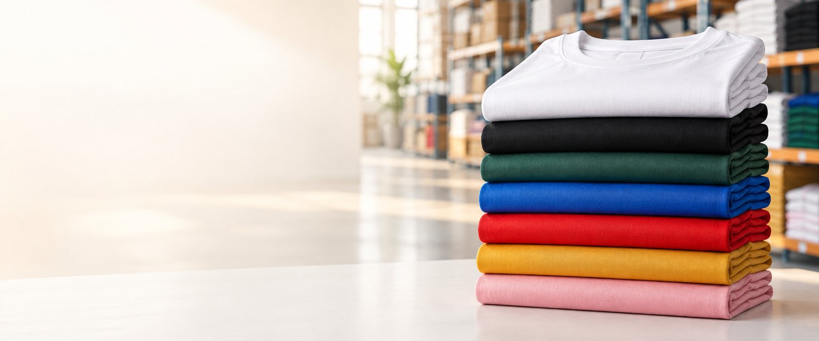 Playeras nuevas dobladas en diferentes colores dentro de una bodega
